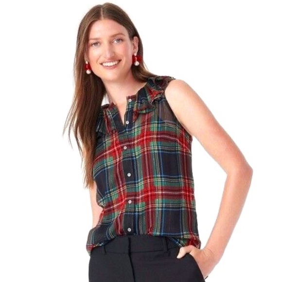 J. CREW Red Black Metallic Stewart Tartan Plaid Sleeveless Holiday Blouse Small - Picture 1 of 6